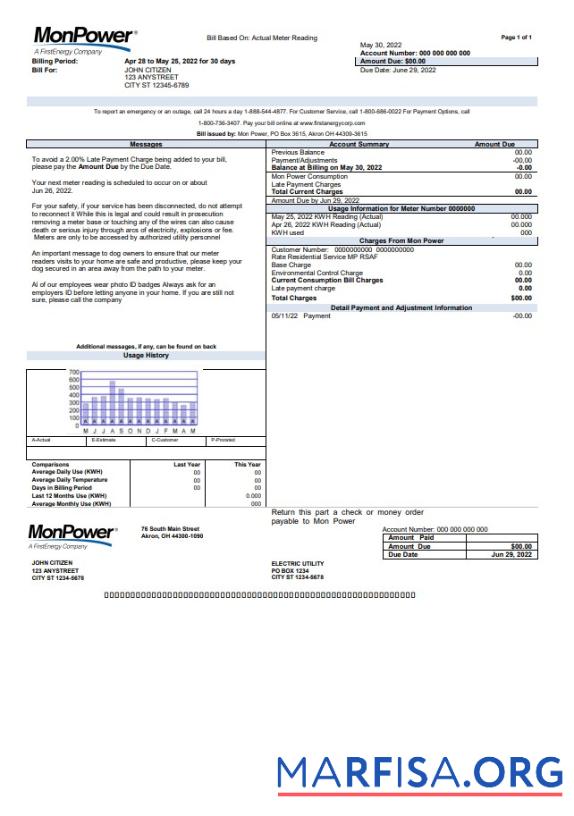 Printable USA Mon Power utility bill template in Word and PDF format